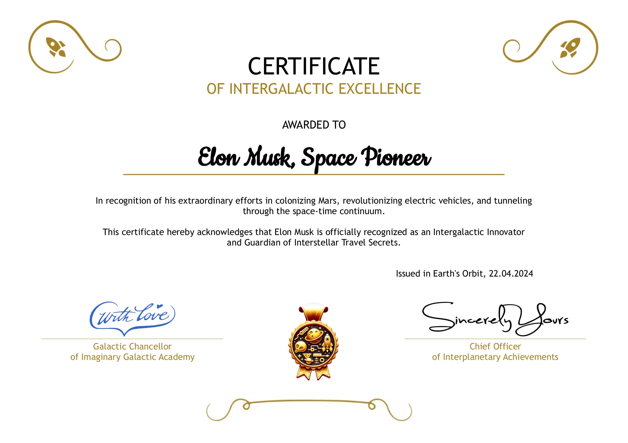 An example of a mock certificate issued by an invented organization to Elon Musk.